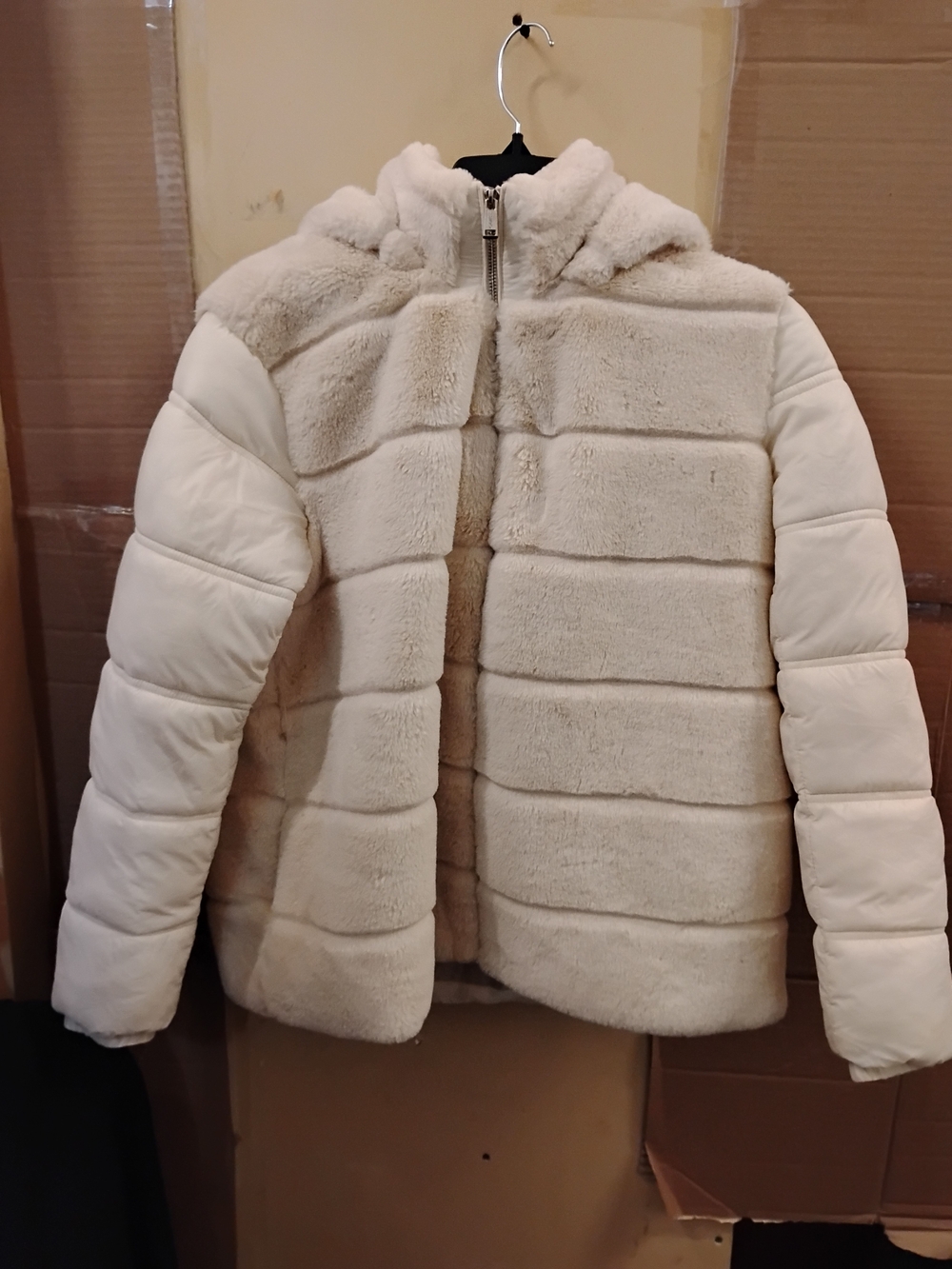 Guess Cream Faux Fur & Quilted Puffer Jacket with Hood